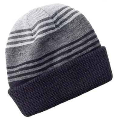 *NEW Apt. 9 Striped Reversible Cuffed Winter Beanie Ski Cap Hat Black & Gray O/S - Image 1 of 4
