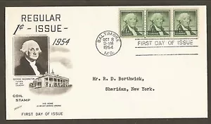 #1054c 1c Washington - Fleetwood FDC Line Strip 3 Coil - Picture 1 of 1