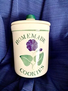 VINTAGE COOKIE JAR CROCK SHOP SANTA  ANA CA, WHITE HAND PAINTED BLUE FLOWER  - Picture 1 of 5