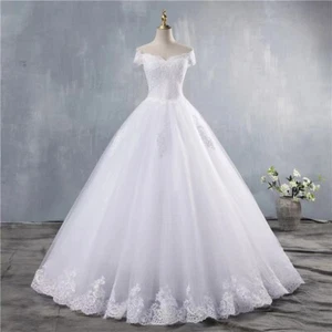 2024 Bride White Wedding Dress Bridal Off-shoulder Frocks Princess Evening Gowns - Picture 1 of 5