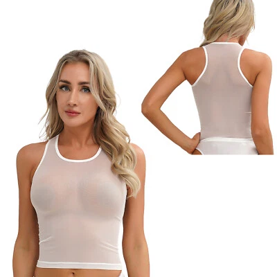Blusa atlética para correr chaleco transparente ajustado de malla transparente sin mangas para mujer Foto 1 de 3