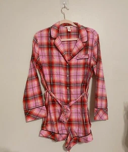 VICTORIAS SECRET Pink Red Silver PLAID FLANNEL PJ ROMPER PAJAMA Size M, L 401193 - Picture 1 of 4