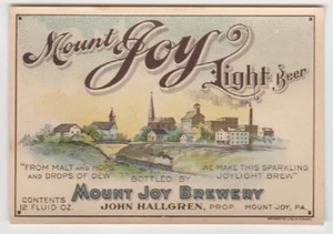 Mount Joy Light Beer LABEL PRE-PROHIBITION Mount Joy Brewery PA John Hallgren - Picture 1 of 1