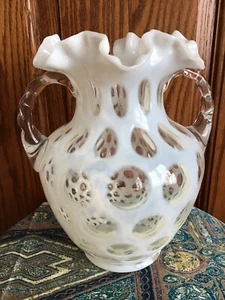 Vintage Fenton art glass French opalescent coin dot 2 handle vase j3 - Picture 1 of 3