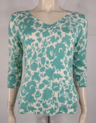 TSE teal white floral 100% Cashmere lightweight pullover sweater ladies Large - Image 1 of 4