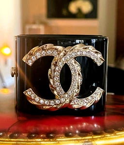 Black Resin Chanel Cuff Bracelet Gold CC With Crystals - Picture 1 of 12