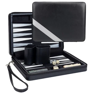 WE Games Travel Magnetic Backgammon Set, Black with Grey Stripe Leatherette Case - Picture 1 of 11