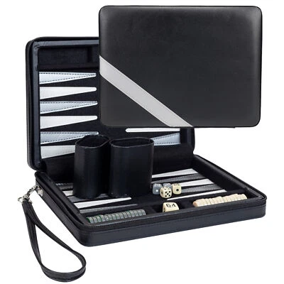 WE Games Travel Magnetic Backgammon Set, Black with Grey Stripe Leatherette Case - Image 1 of 4