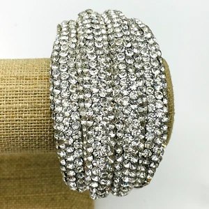 Chunky Rhinestone Clamper Bracelet Silver Tone Heavy Bling - Imagen 1 de 8