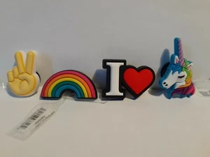 Croc Charms Assorted (4 Charms "I Heart", Rainbow, Unicorn, Peace) - Picture 1 of 5
