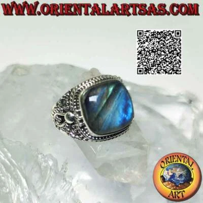 Anello in argento 925 ‰  con labradorite quadrata smussata cabochon contornato d - Immagine 1 di 4