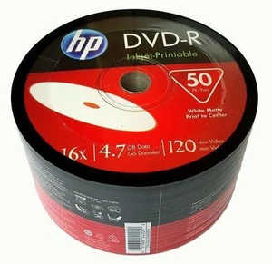 50er-Pack HP 16X weiß Tintenstrahl bedruckbar Rohling DVD-R DVDR Disc Medien 4,7 GB - Bild 1 von 3