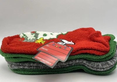 Peanuts Snoopy Christmas 4 Pairs Soft Fuzzy Ankle Socks Women’s Shoe Size 5-8 - Image 1 of 4