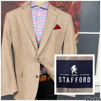 Stafford Linen Cotton Blazer Jacket Sport Coat Mens 44R Classic Fit Beige - Image 1 of 4