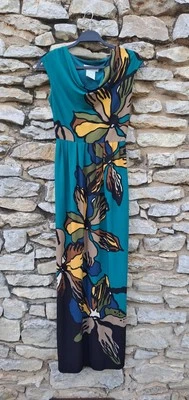 Maxi Vestido Danny & Nicole XS Azul Teal Amarillo Marrón Mod Floral Capucha Cuello De Colección Años 90 Foto 1 de 4