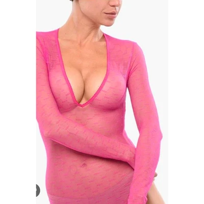 NWT Dsquared2 Pink All-Over Monogram Sheer Logo Long Sleeve Body, size S - Image 1 of 4