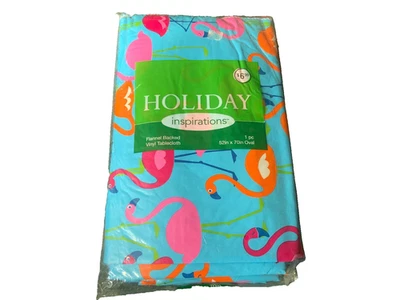 Vintage Tropical Rosa FLAMINGO sobre Franela Azul Trasero Vinilo Mantel 52x70 Ovalado Foto 1 de 4