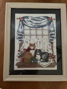 Hometown Cat Friends Framed Counted Cross Stitch by Designs 8X10” Wall Art - Picture 1 of 7