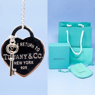 Collar Tiffany Plata Grande Corazón y Llave Esmalte Colgante y Caja de Regalo Conjunto Incluido Foto 1 de 4