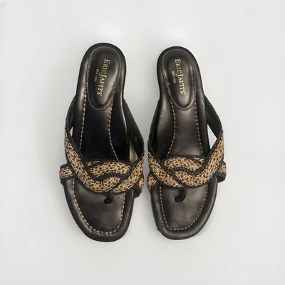 Eric Javits Black Metallic Gold Woven Leather Sandals Size 8S Low Kitten Heel - Image 1 of 4