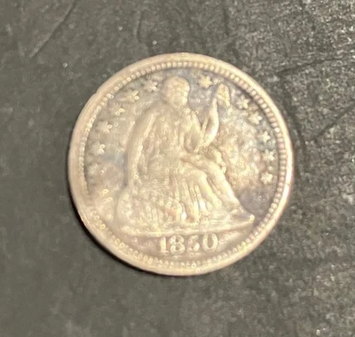 1850 1/2 10C SEATED LIBERTY,  FINE+, GRAY SURFACES W/A FEW DARK SPOTS , - Image 1 of 2