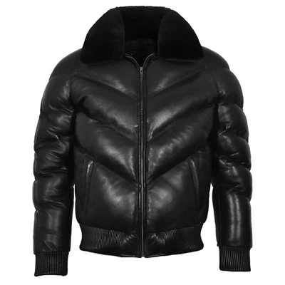 Mens Black Leather Puffer Bubble Jacket Heavyweight Winter Warm Coat Outerwear - Image 1 of 4