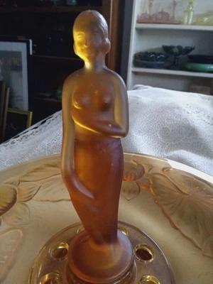 Frosted Amber Lady Pandora Figurine Water Lilly Float Bowl Depression Era 20/30s - image 1 of 4