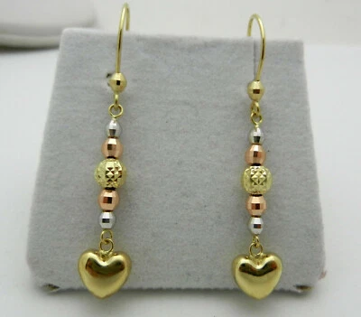 Dangle Solid 14k Multi-Tone Gold Heart Beads Drop  Earrings 2.3 grams - Image 1 of 4