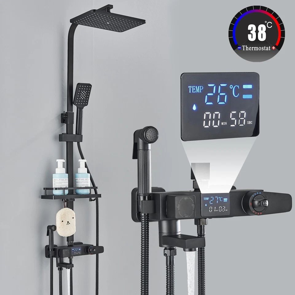 Duschpaneel Edelstahl Duschsystem LED Regendusche Massage Duscharmatur schwarz