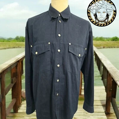 VERSACE JEANS SIGNATURE STUNNING BUTTON DOWN DENIM COTTON SHIRT, XL, NWOT - Image 1 of 4