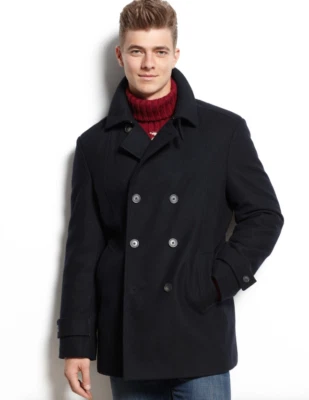 Tommy Hilfiger V5605 Men Double-Breasted Wool-Blend Peacoat in Black  Size 46L - Image 1 of 2