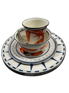 Pottery Barn Red Lobster Enamel Nautical Seafood Dinner Place Settings (16 Pcs) - Picture 1 of 23