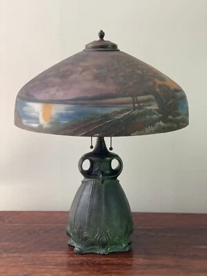 Antigua lámpara pintada al revés Pittsburgh pantalla de hielo astillado base de búho Foto 1 de 4