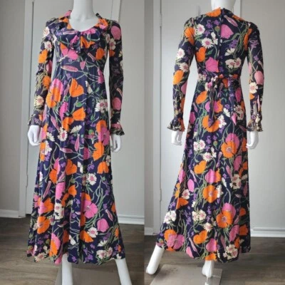 Maxi Vestido Floral Manga Larga Vintage Años 70 Línea A Foto 1 de 4
