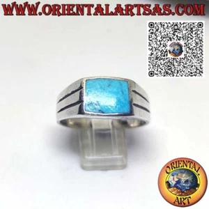 Anello in Argento 925‰ con turchese naturale rettangolare e 2 linee orizzontali - Imagen 1 de 4