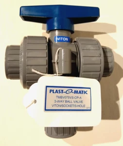 PLAST-O-MATIC True Blue 3/4" 3 Way Ball Valve TMBV075VS-CP-A Viton Seals CPVC - Picture 1 of 8
