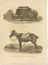 Antique Print of a French Diligence and a Horse by Longman (1805)