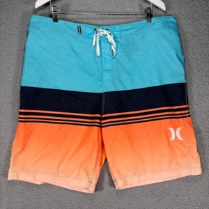 Hurley Boardshorts Size 38 Teal Orange Mens Surf Wear Swim Trunks Stripes Pocket - Picture 1 of 11