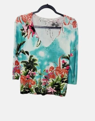 Suéter Pullover Vertigo Paris L Tropical Estampado Cuentas Manga 3/4 Cuello en V 1673 Foto 1 de 4
