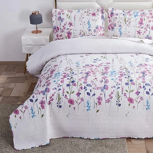 Summer Lightweight Thin Floral Quilts King Size,Purple Blue Lilac Flowers Green - Picture 1 of 7