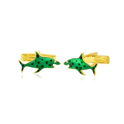 Green and Black Enamel Fish Cufflinks - Sterling Silver with Gold Plating Gift - Image 1 of 4