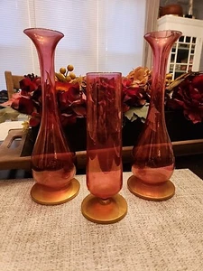 Vintage Rainbow Glass Cranberry Red & Gold Bud Vases ~ Great For Christmas  - Picture 1 of 13