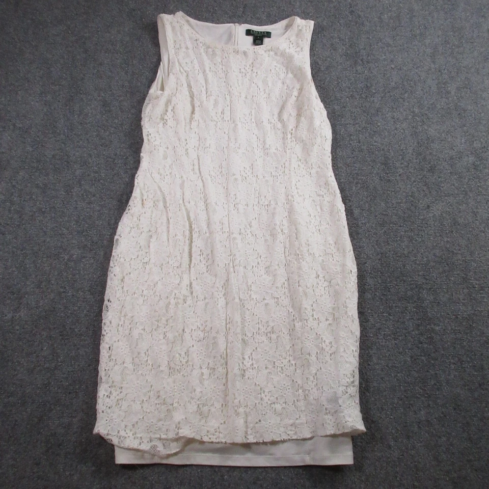 Vintage Ralph Lauren Dress Womens 12 Lace Crochet Floral White Shift Sleeveless - Image 1 of 4