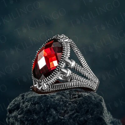 Anillo de plata esterlina S925 ovalado circón rojo para hombre gema roja pavo hecho a mano elegante Foto 1 de 4