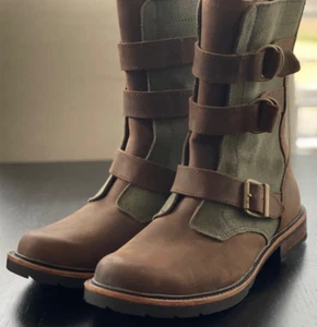 L.L. BEAN Old Port Boots Mid Leather Canvas Wms Sz 7M Green Brown Pre-Owned - Picture 1 of 10