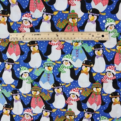 Holiday Penguin Fabric 55" x 44" Glitter Winter Snow Festive Christmas Print MBT - Image 1 of 4