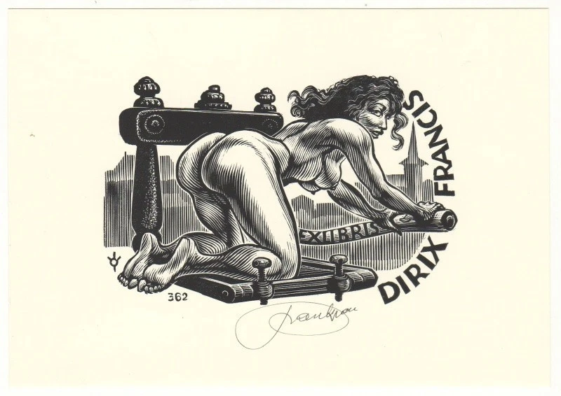 FRANK-IVO VAN DAMME: erotisches Exlibris für Dirix Francis, Druckpresse - Bild 1 von 1