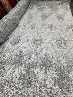 SILVER Sprinkles Glitter Sequins lace fabric 58" width Sold By The Yard For Dres - Image 1 of 4