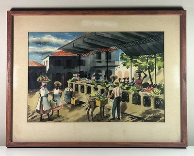 Pintura en acuarela firmada por Ira Smith St. Thomas Market Islas Vírgenes enmarcada Foto 1 de 4