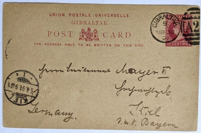 British Gibraltar--Lt. Mayer, SMS "Bayern," Kiel, DE/Red, 10-Cent. PSC/3/30/1891 - Image 1 of 2